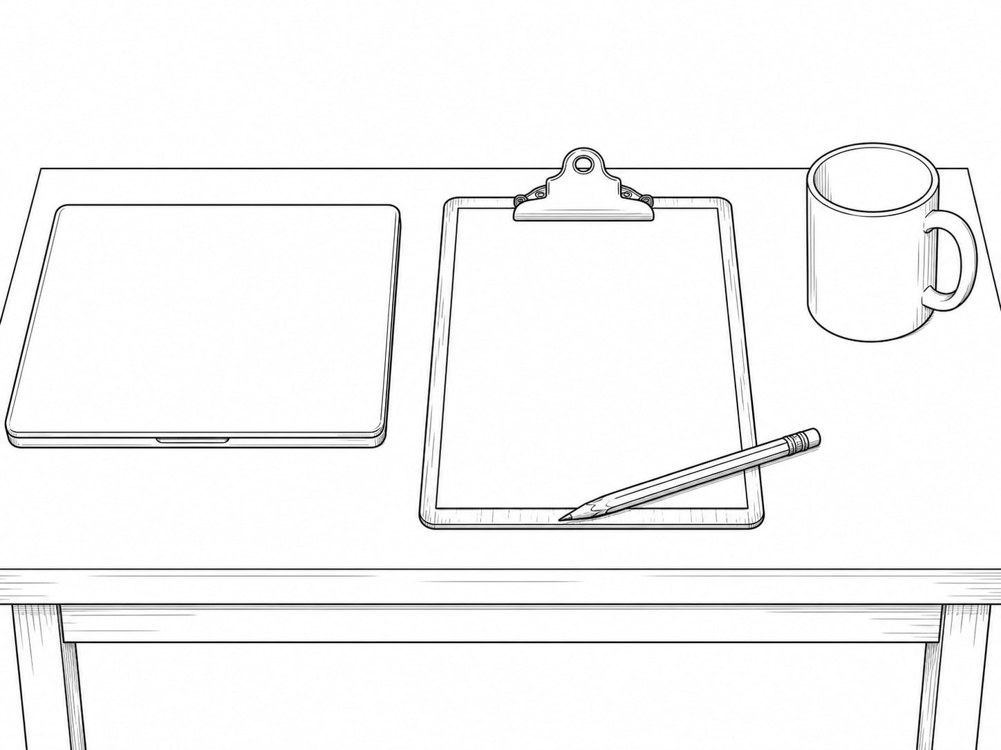 Un portapapeles en blanco con un lápiz, una computadora portátil cerrada y una taza de café sobre un banco de taller.