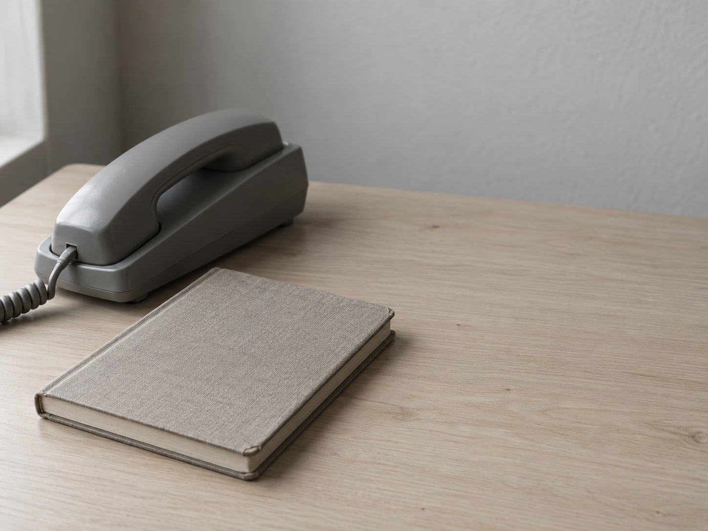 Un cuaderno cerrado junto al auricular de un teléfono de escritorio descansando en su base, sobre un escritorio limpio.