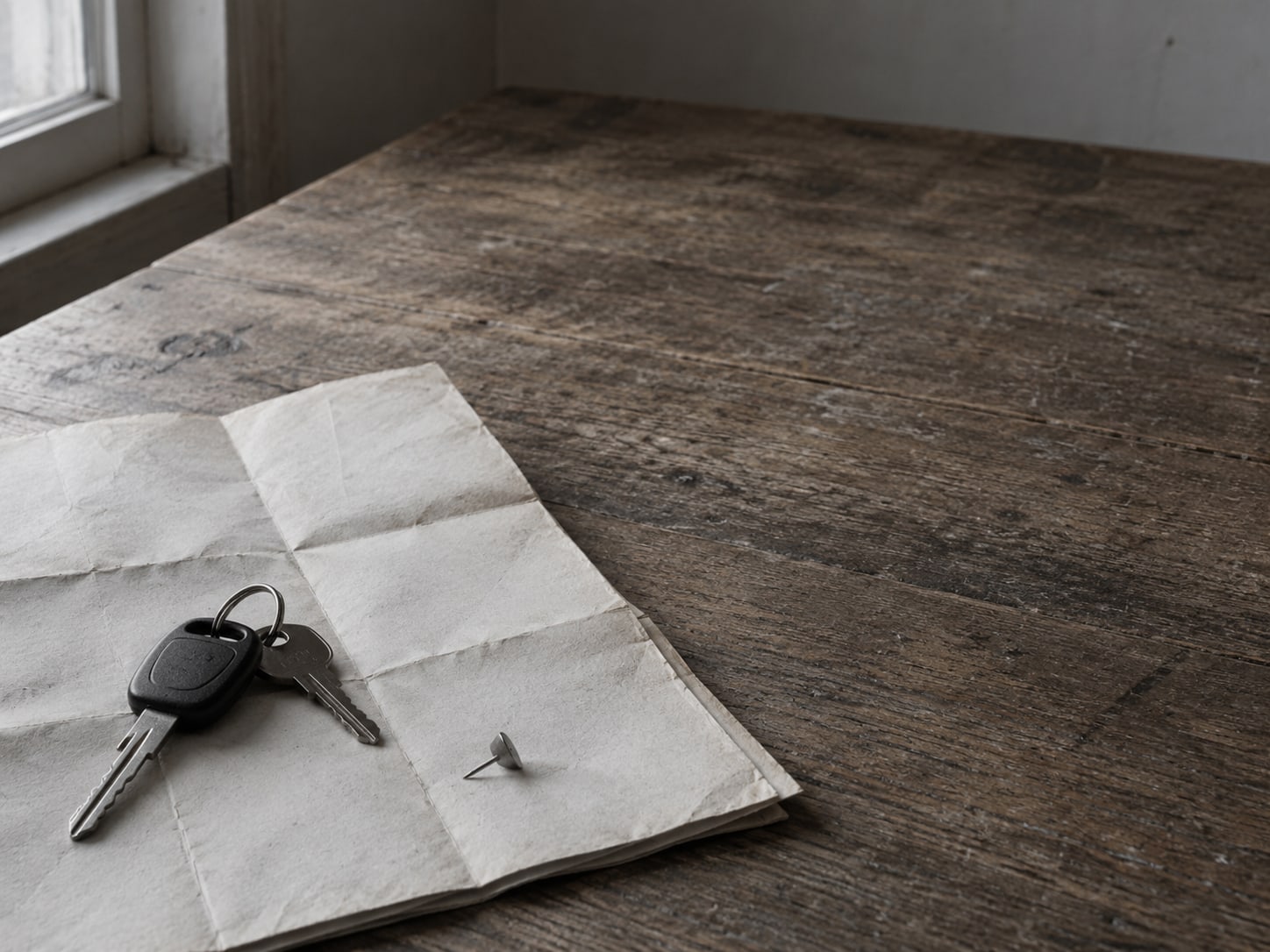 Un juego de llaves de camioneta y una sola chincheta sobre un mapa de papel doblado.