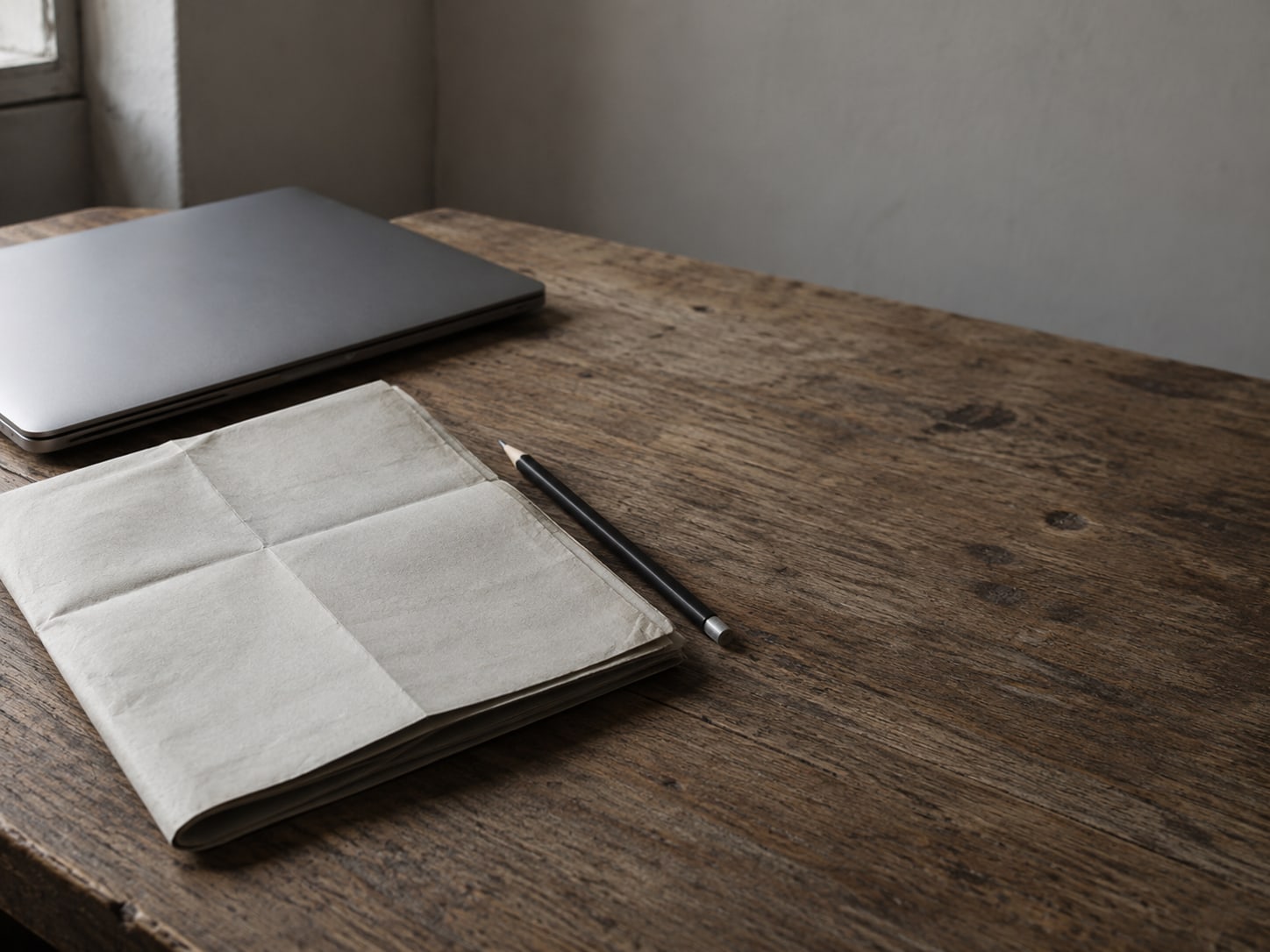 A closed laptop beside a folded paper road map and a pencil on a plain wooden desk.