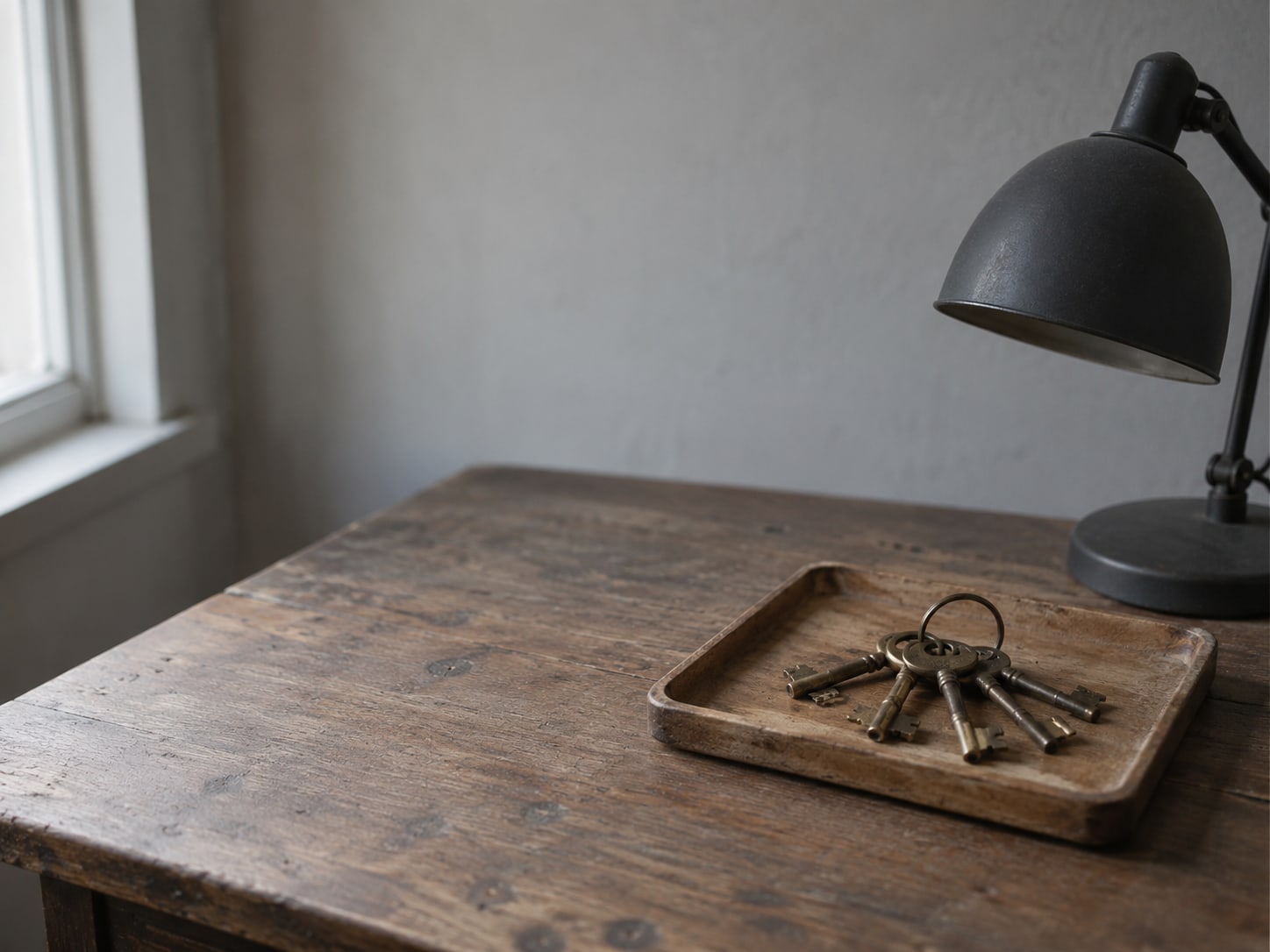 A ring of brass keys on a wooden tray next to a small unlit desk lamp.
