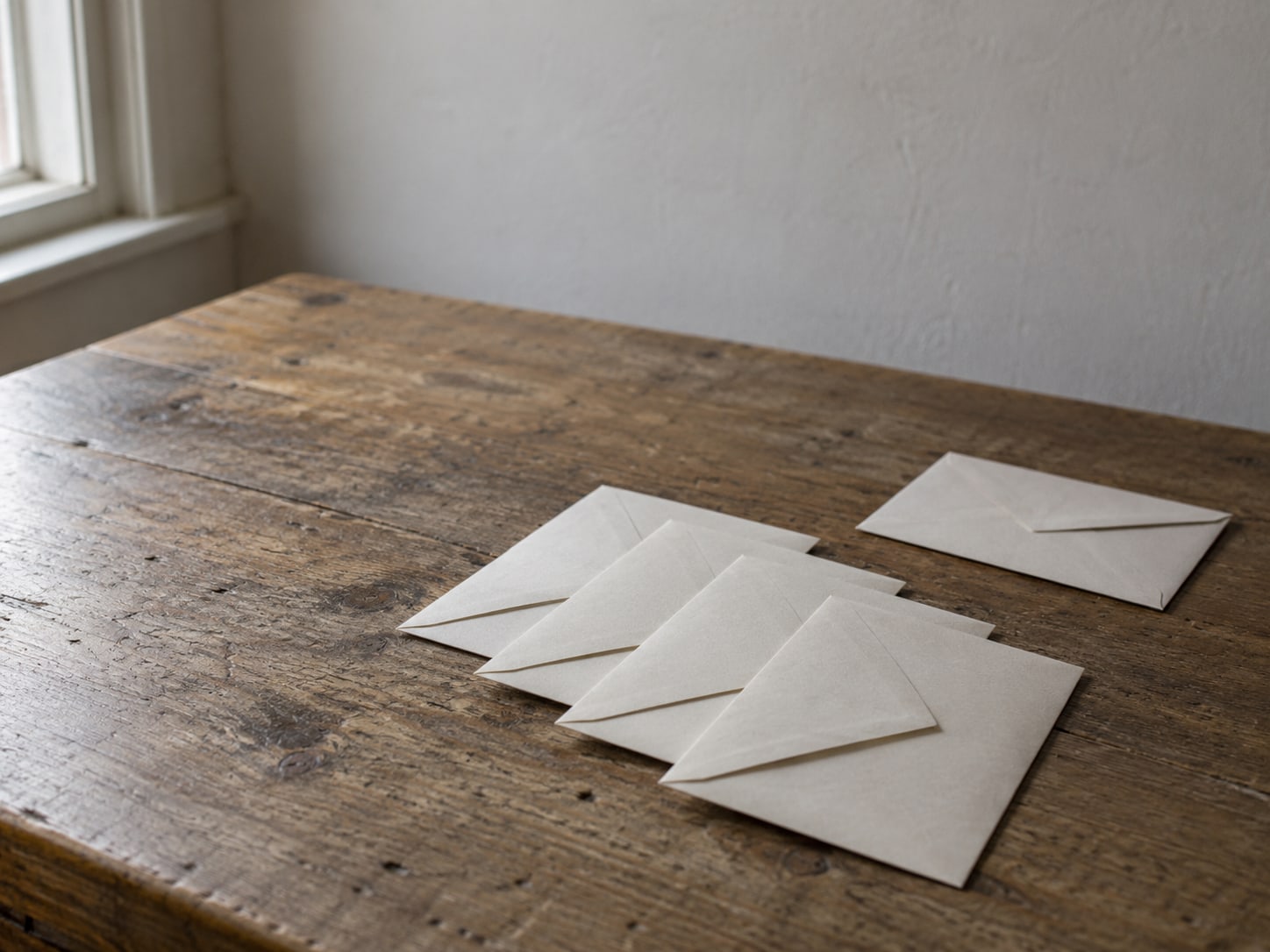 A short row of unopened envelopes on a worn table with a single envelope set slightly apart.