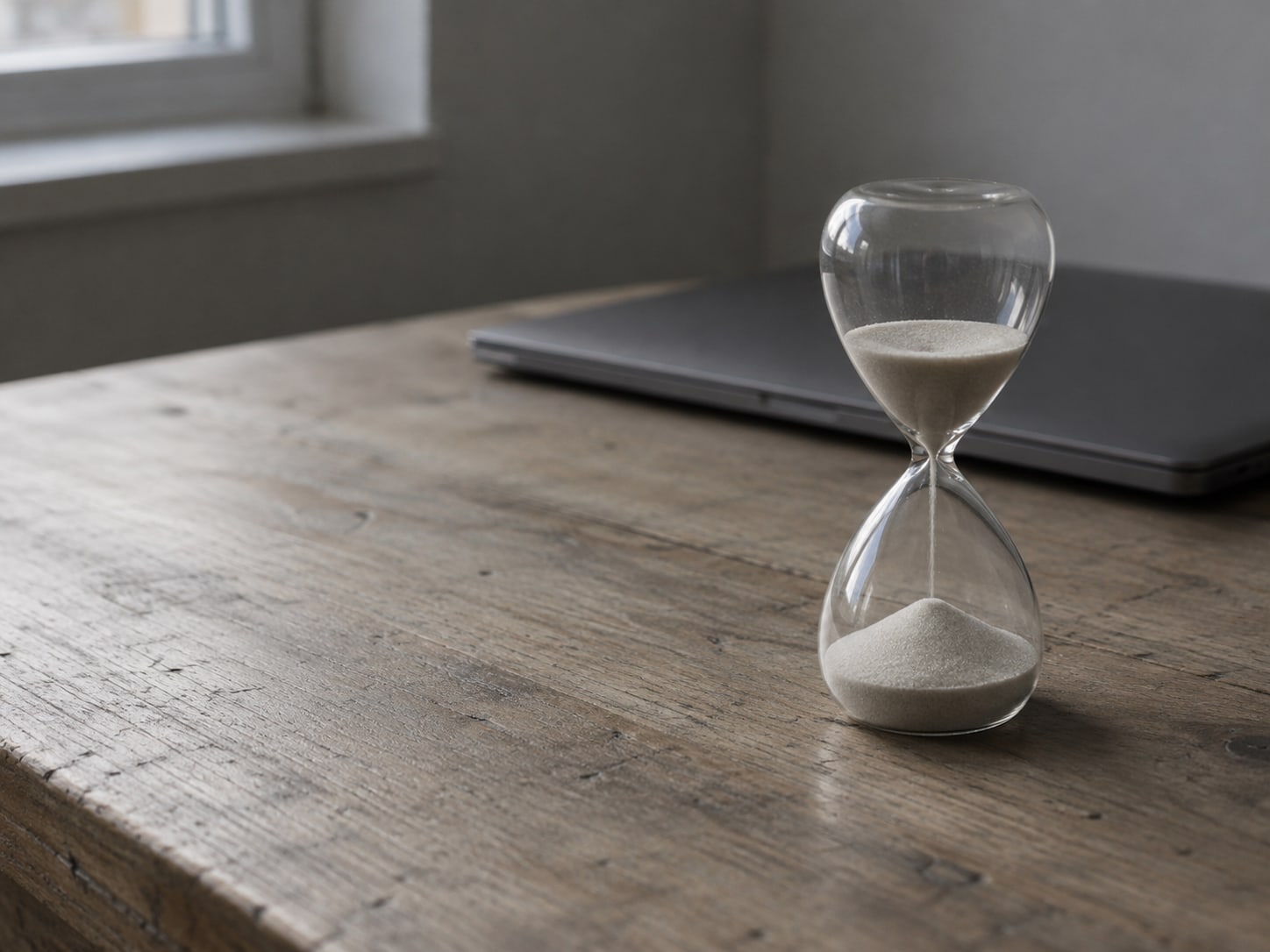 A sand timer standing beside a closed laptop on a plain wooden desk.