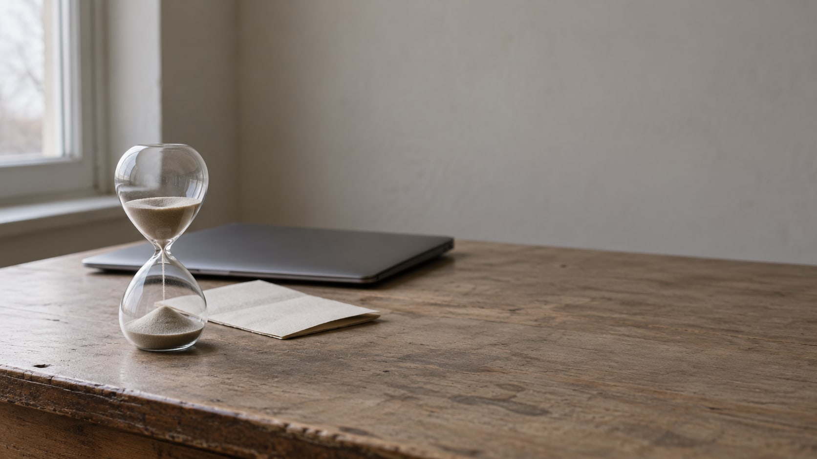 Un reloj de arena y una laptop cerrada sobre un escritorio de madera sencillo, junto a una hoja de papel doblada en blanco.