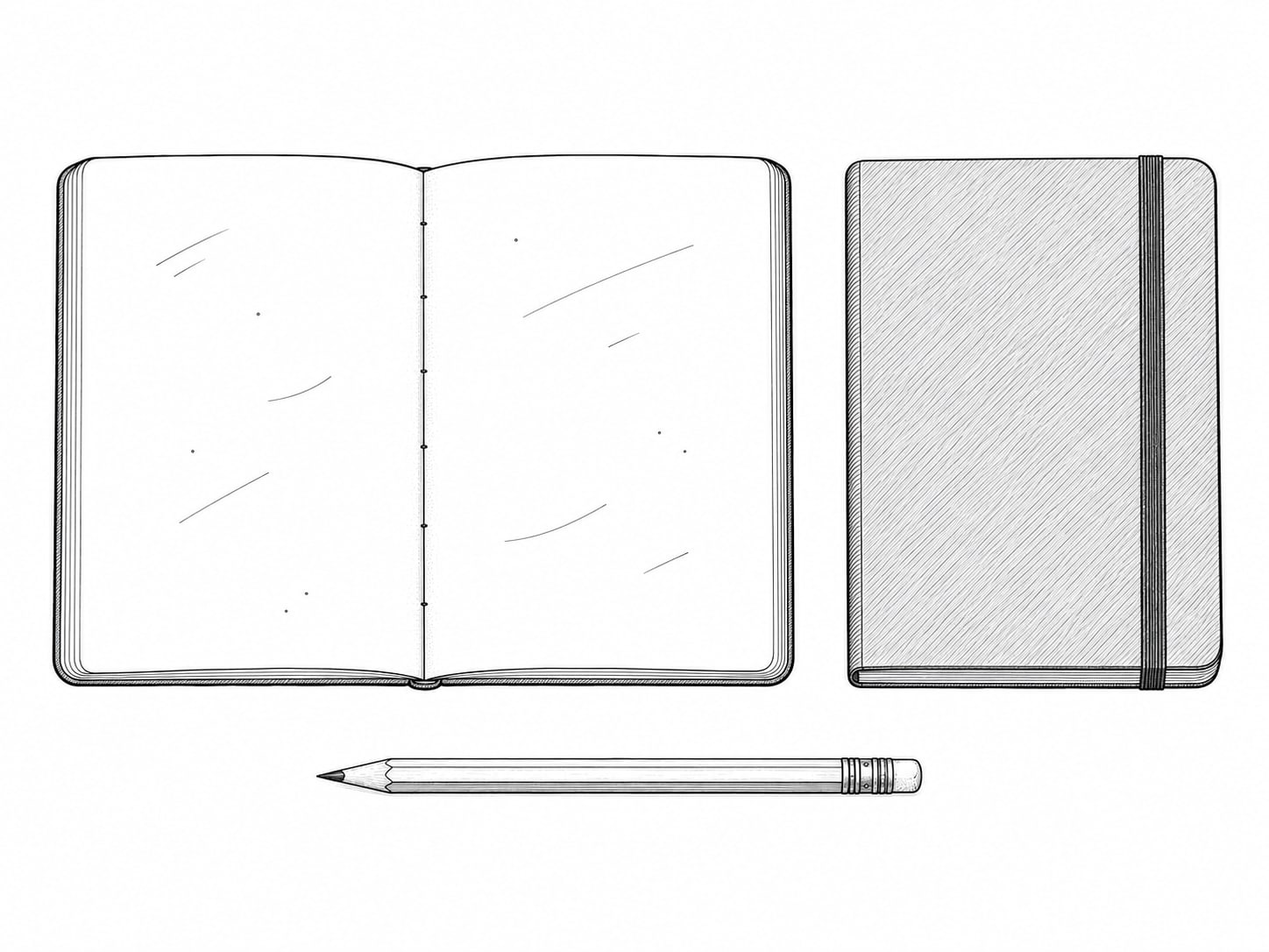 Two small notebooks and a pencil side by side on a light desk, one open to pencil marks too faint to read.
