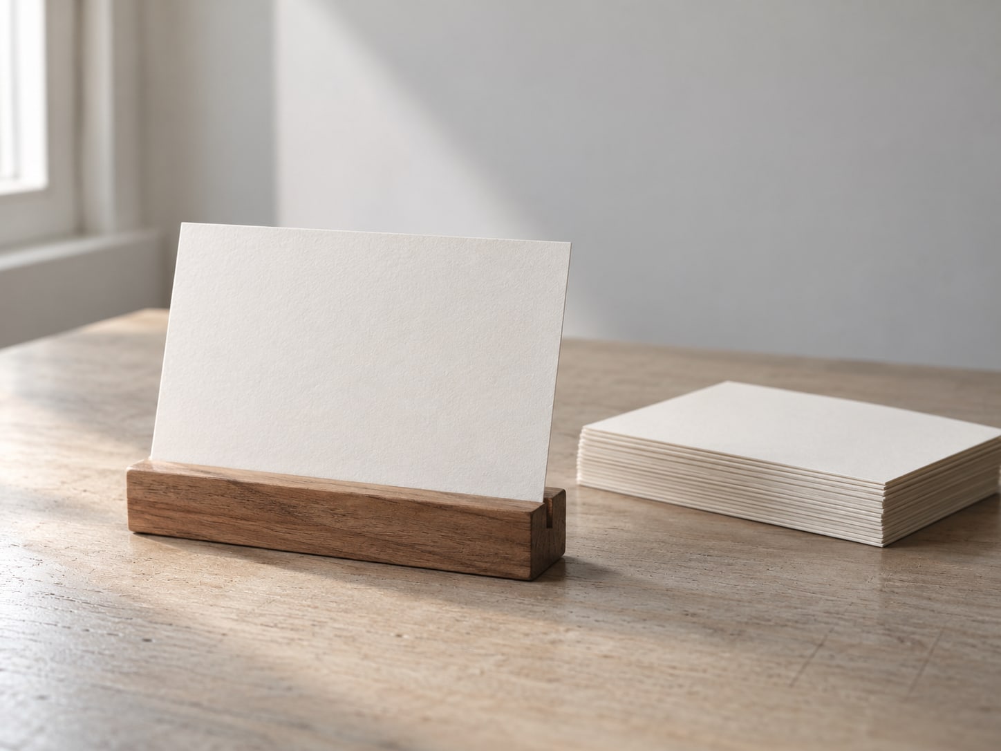 A single index card standing upright in a small wooden holder on a plain desk, with other blank cards stacked in a neat pile beside it.