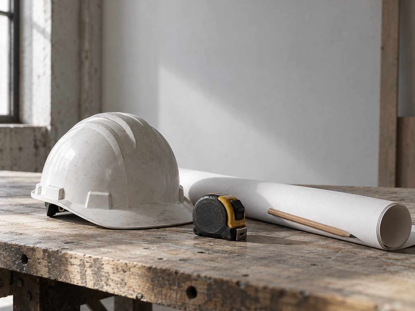 A hard hat, a tape measure and a pencil resting on a rolled sheet of blank paper on a workshop bench.