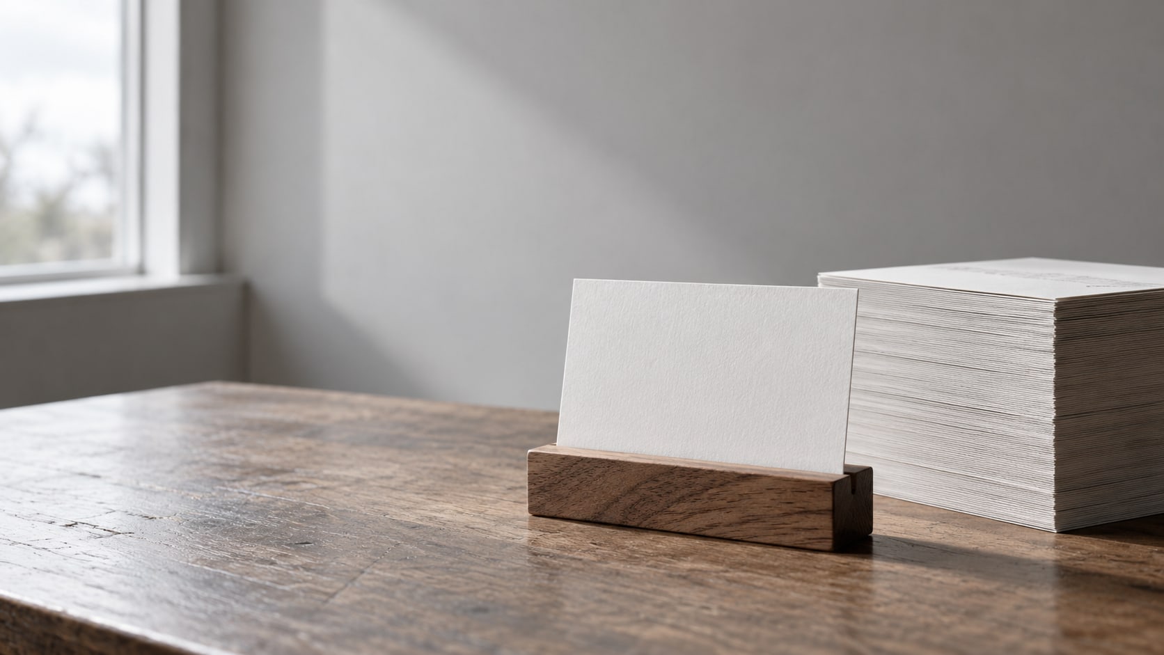 A single blank index card standing upright in a wooden holder beside a taller stack of plain paper on a quiet desk.