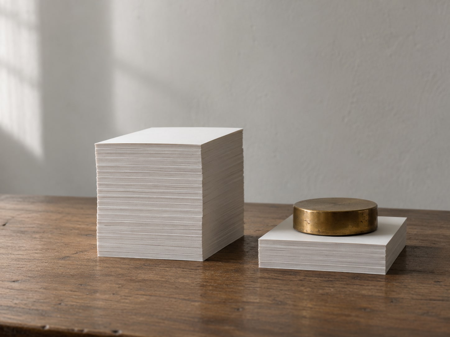 Two small stacks of plain paper on a wooden table, one tall and one short, with a brass paperweight on the short stack.