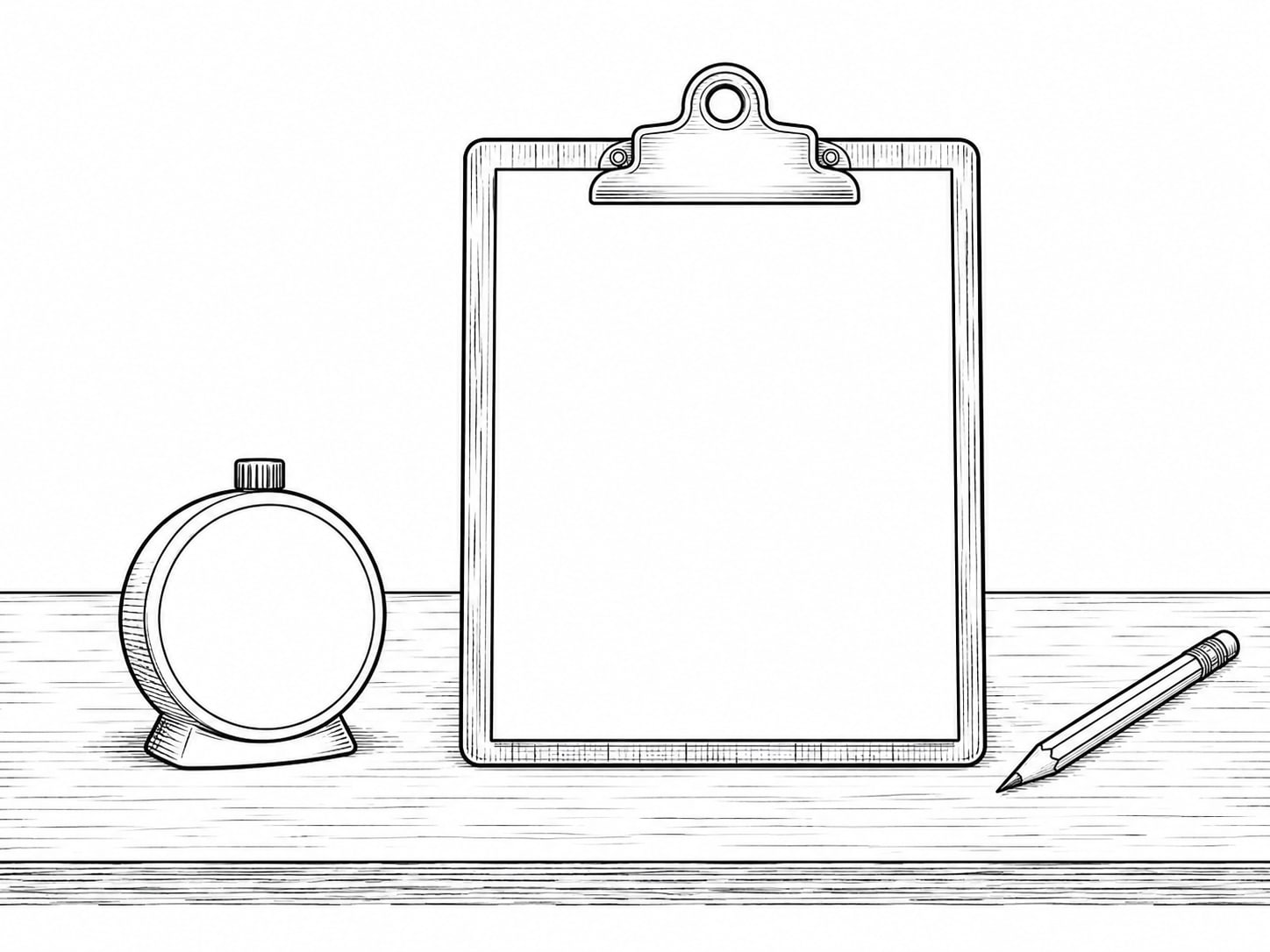 A wind-up kitchen timer standing beside a blank clipboard and a sharpened pencil on a plain table.