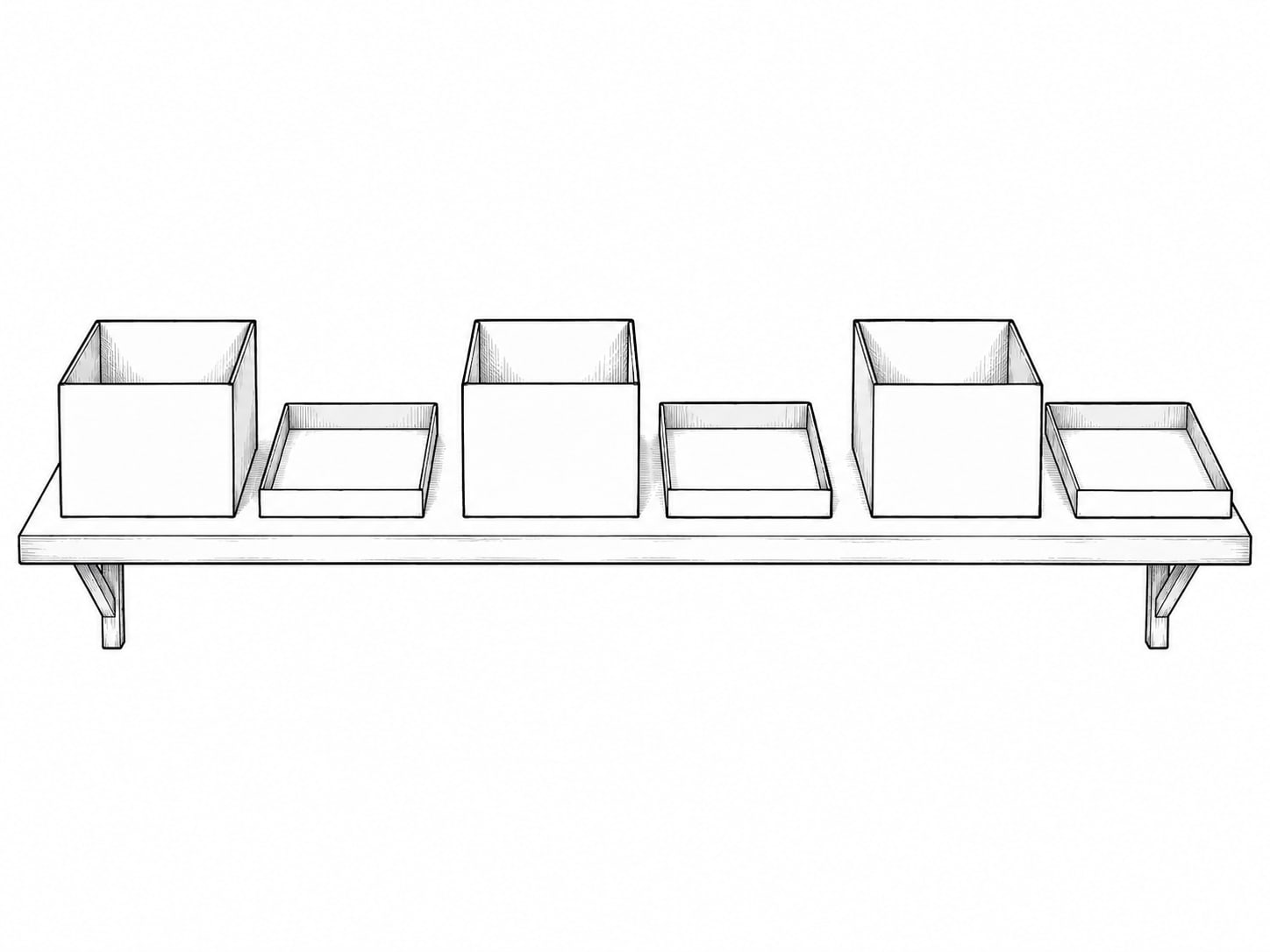 A tidy row of three empty cardboard boxes with their lids resting beside them on a plain shelf.