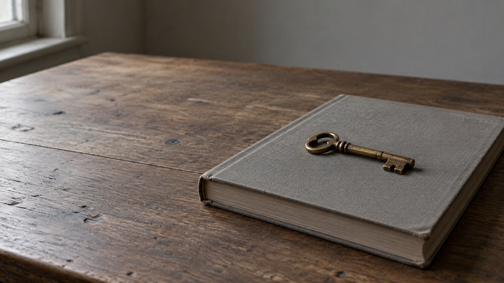 A single brass key resting on a plain gray ledger book on a clean wooden desk.