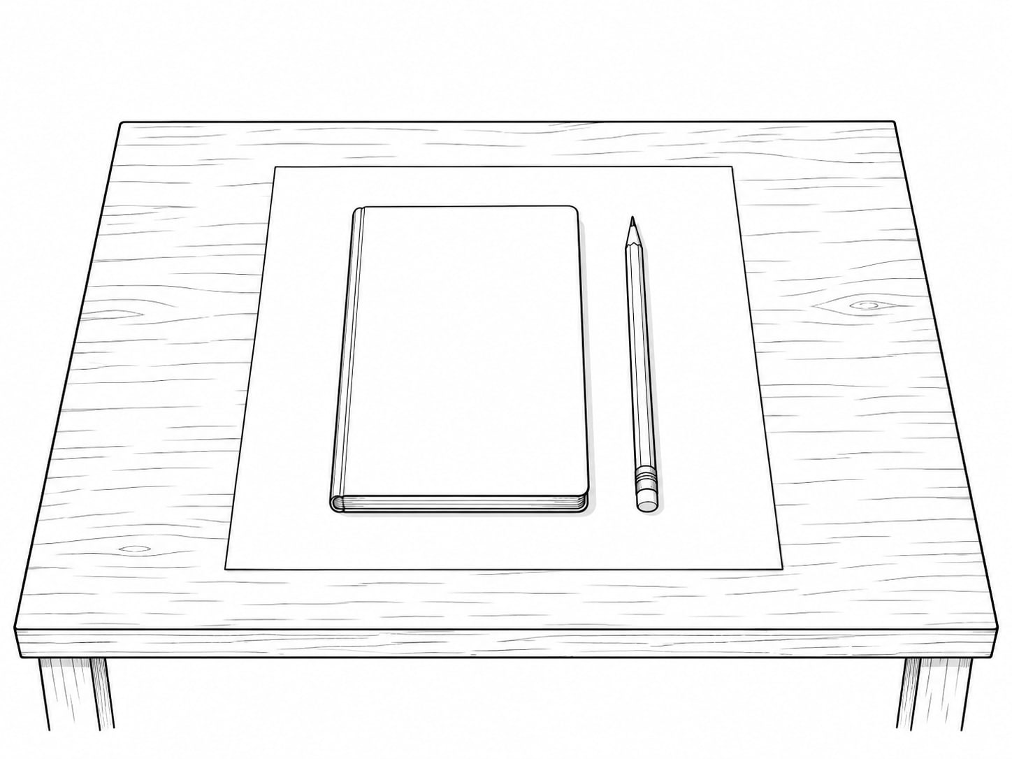 A single closed notebook and a pencil placed neatly on a blank sheet of paper on a wooden table.