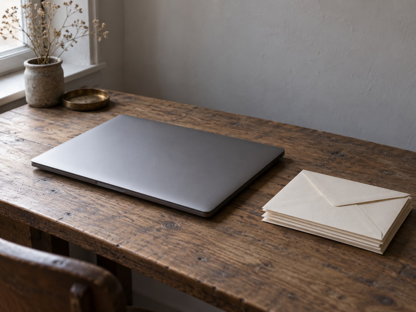 A closed laptop beside a small stack of unopened envelopes on a worn wooden desk.