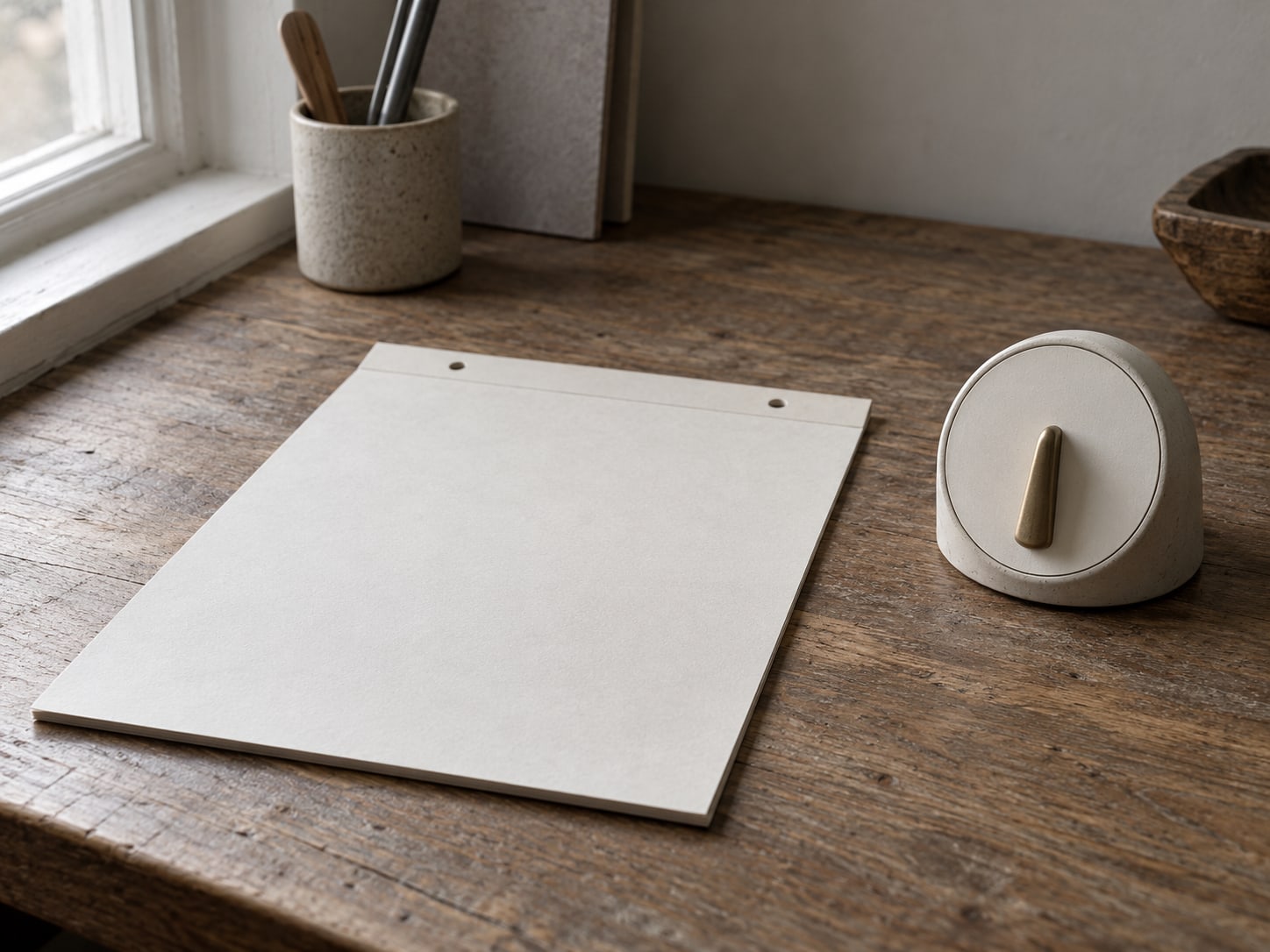 A paper calendar page left blank on a desk next to a plain mechanical timer with no markings.