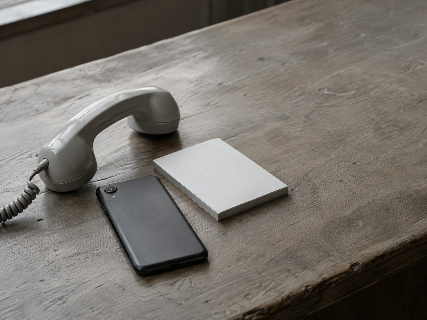 A smartphone lying face down beside a desk telephone handset and a blank notepad on a shop counter.