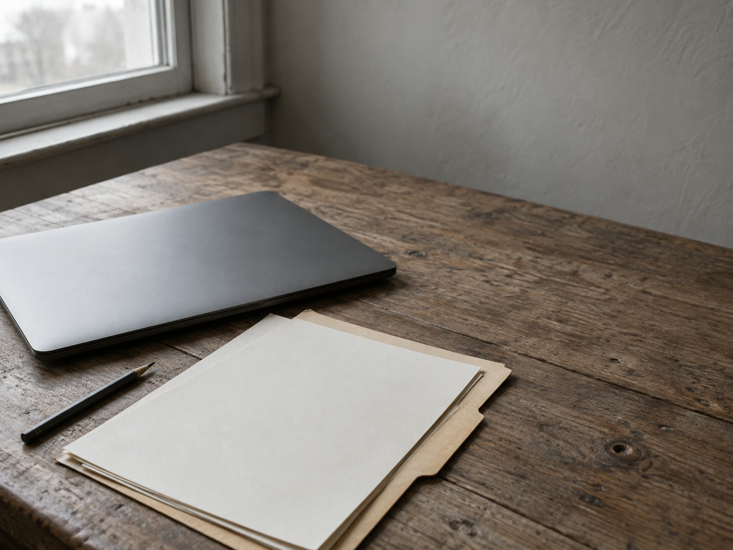 A closed laptop beside a manila folder of blank printed pages and a sharpened pencil on a wooden desk.