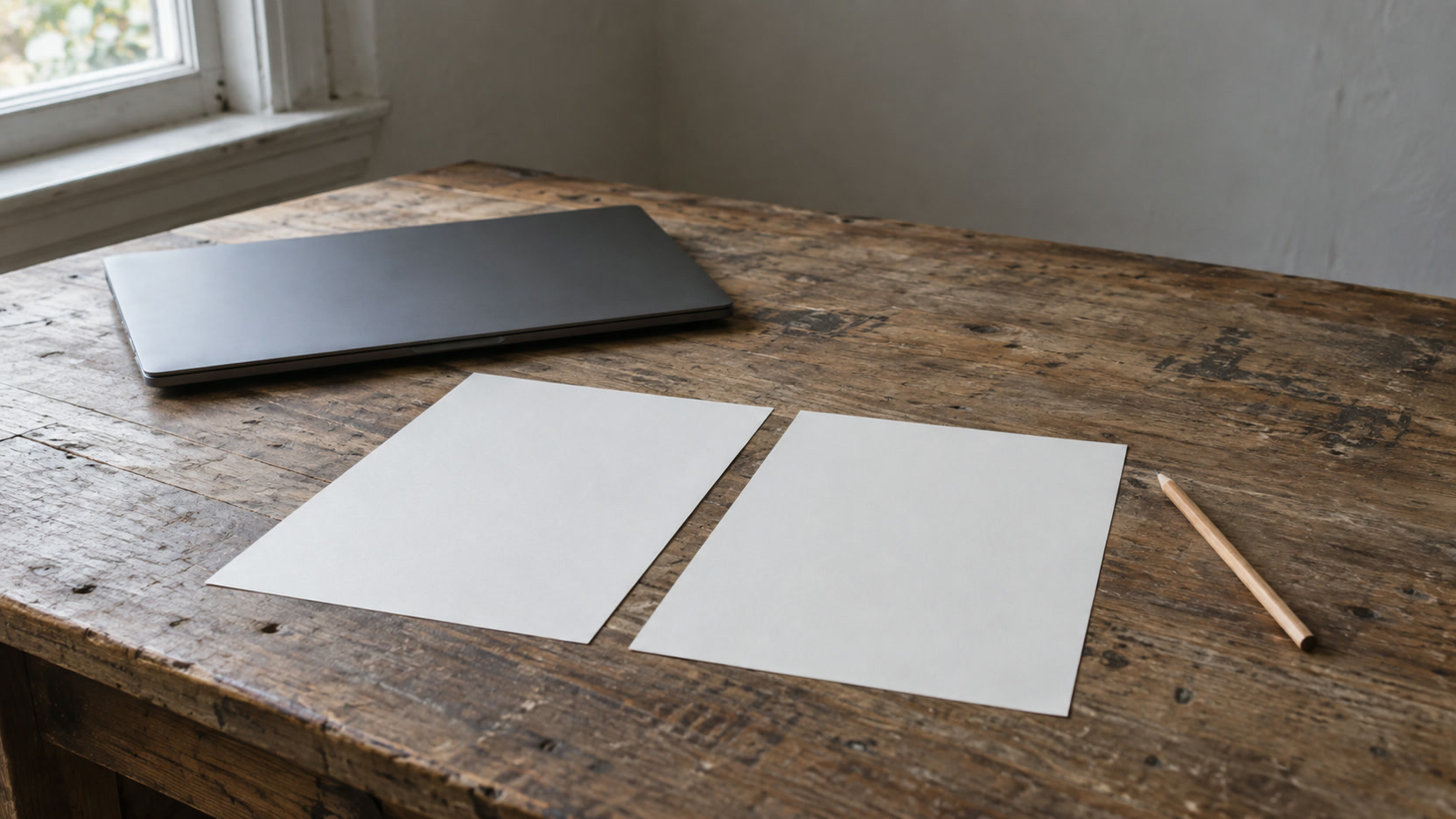 Two identical blank sheets of paper side by side on a wooden desk beside a closed laptop and a pencil.