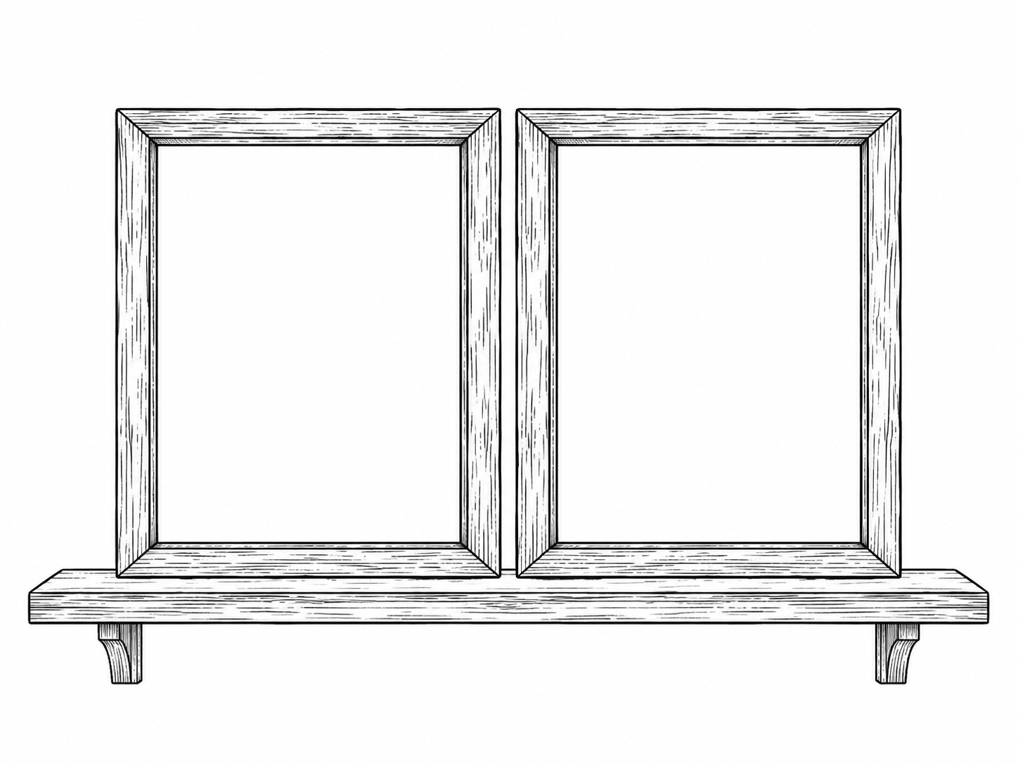 Two empty matching wooden frames leaning side by side on a plain wooden shelf against a white wall.