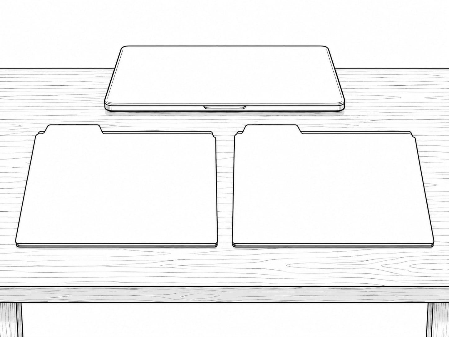 Two blank cardboard folders side by side on a desk with a closed laptop behind them.