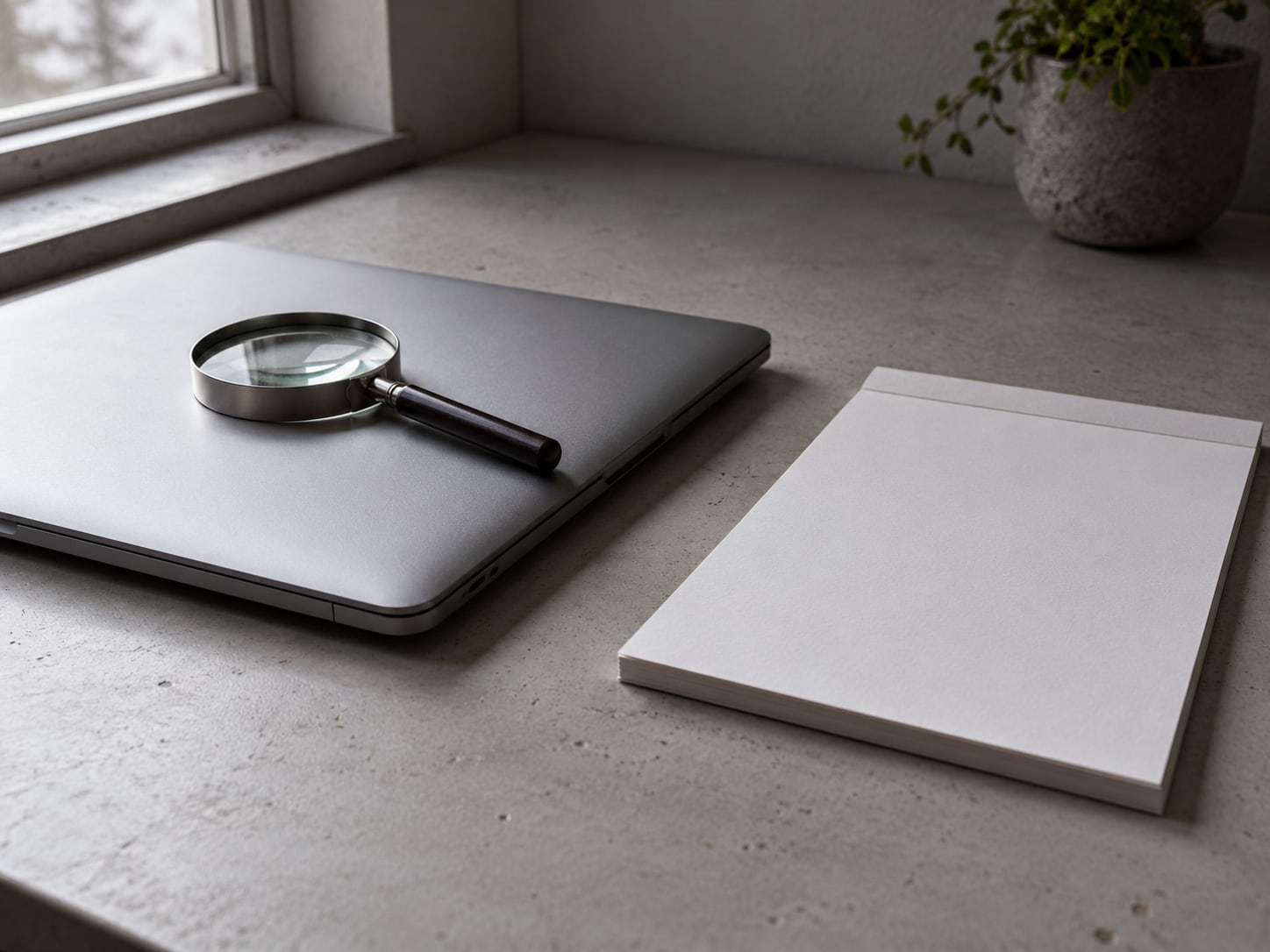 A magnifying glass resting on top of a closed laptop beside a blank checklist pad on a clean desk.