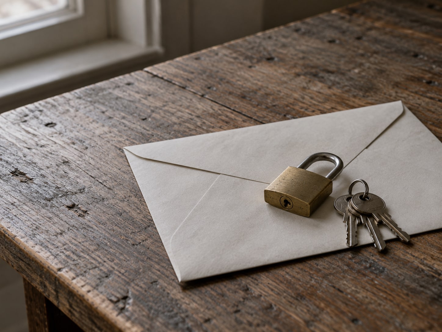 A small brass padlock and a ring of new keys resting on a sealed envelope on a worn wooden surface.