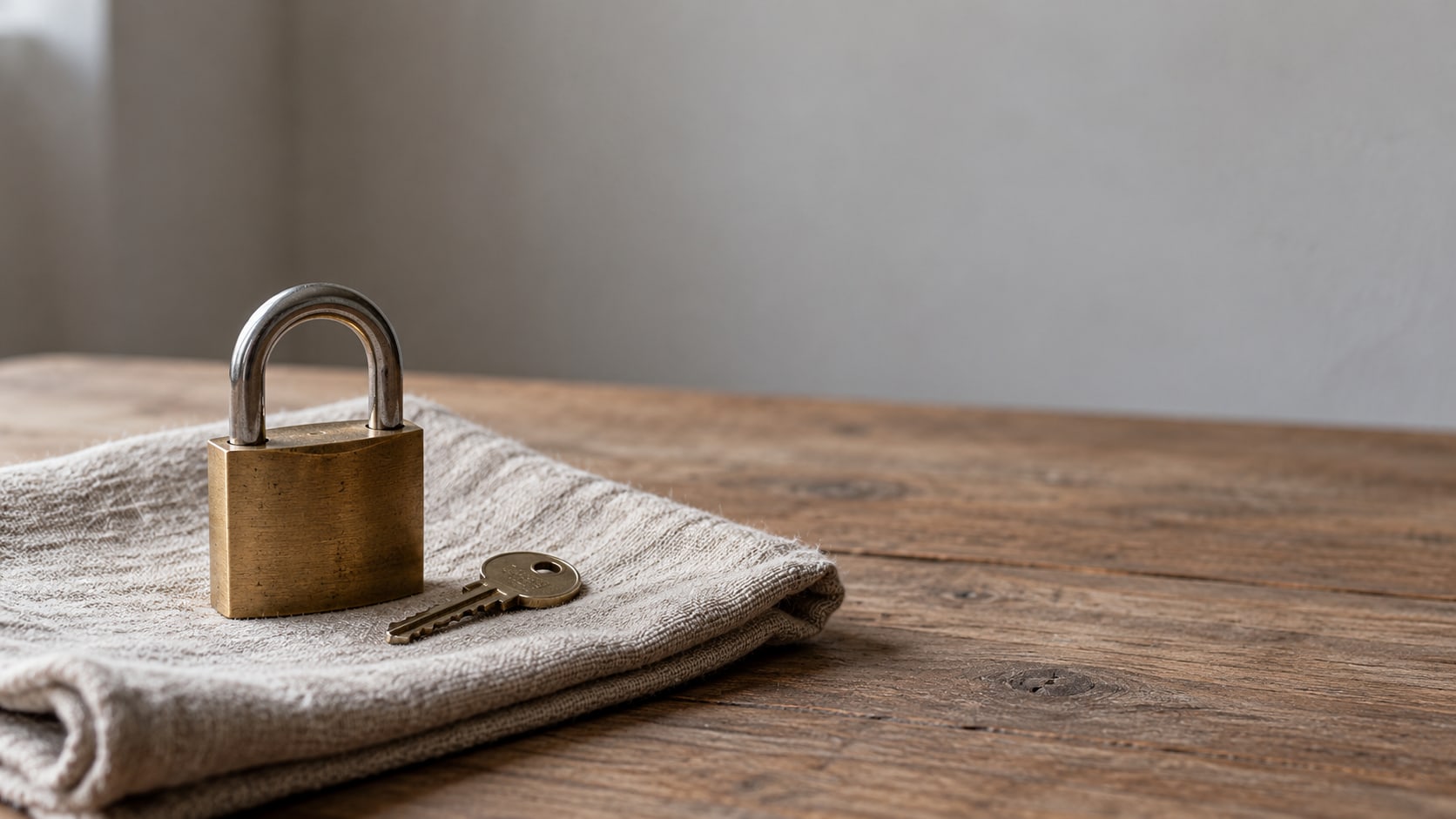 A brass padlock resting on a folded cloth beside a single small key on a plain wooden table.
