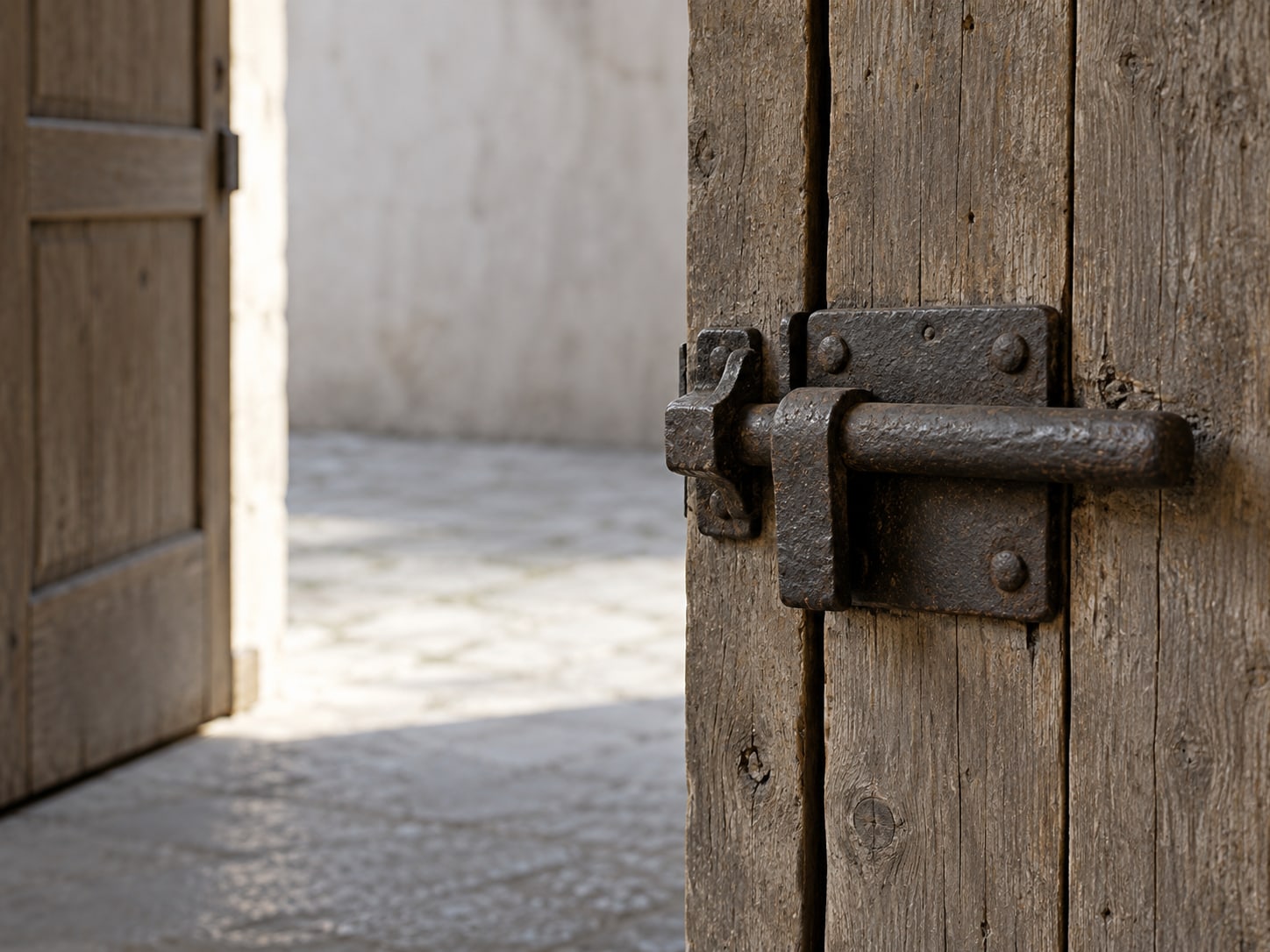 A heavy iron gate latch fastened on a narrow wooden door, with the wider door beside it left open.