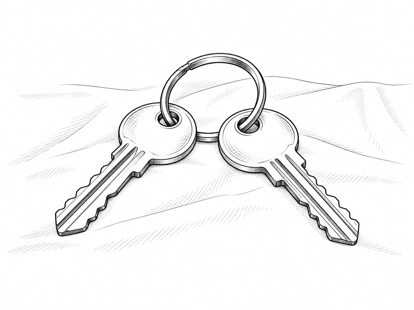 A brass key ring with two matching keys laid side by side on a plain linen cloth.