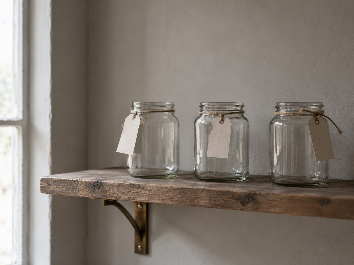 A tidy row of three empty glass jars with blank paper tags tied around their necks on a wooden shelf.