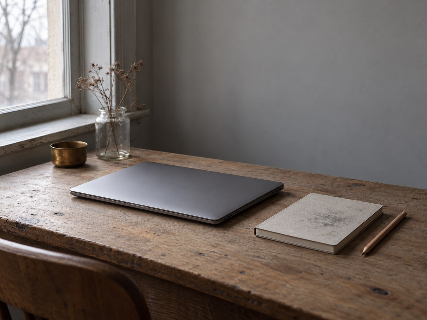 A closed laptop beside a small notebook with faint pencil marks and a sharpened pencil on a plain desk.