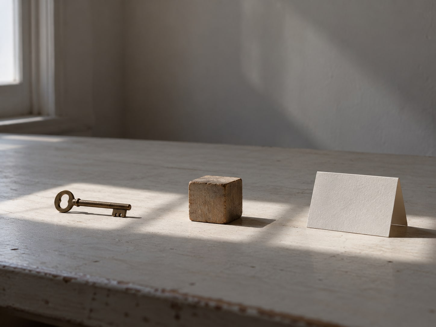 A single brass key, a small wooden block and a folded paper card lined up on a pale table, each in its own square of light.