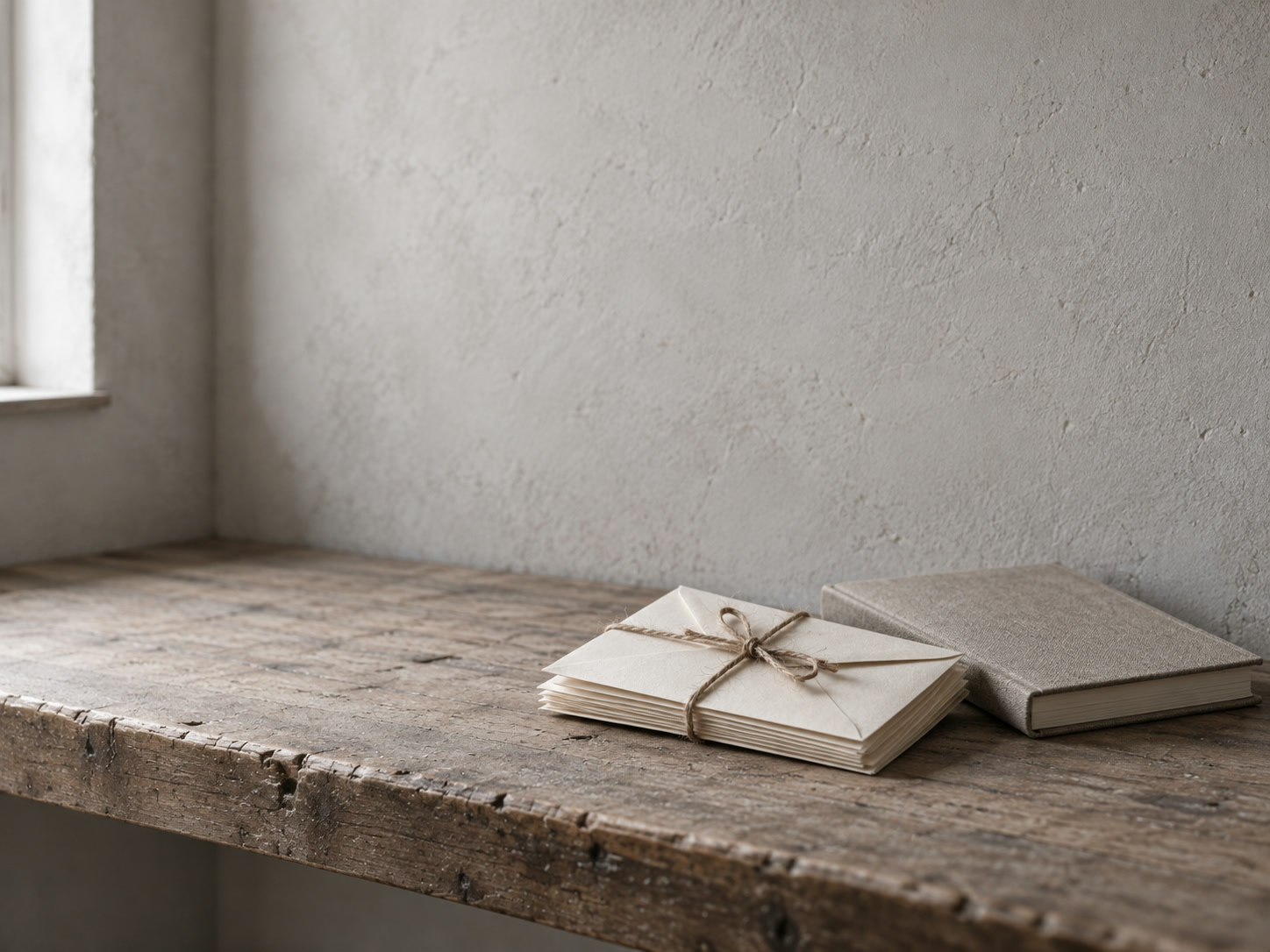 Una pequeña pila de sobres color crema en blanco atados con hilo simple sobre un estante de madera junto a un cuaderno cerrado.