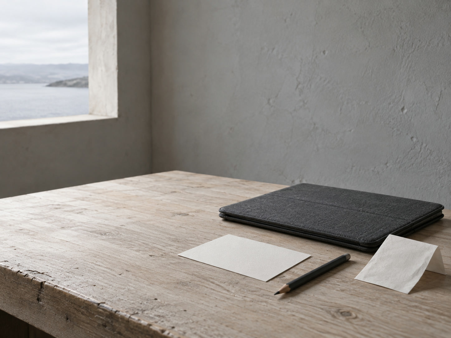 Un pequeño mostrador de madera con una tarjeta en blanco, un lápiz y una tableta cerrada junto a un recibo de papel sin ninguna impresión.
