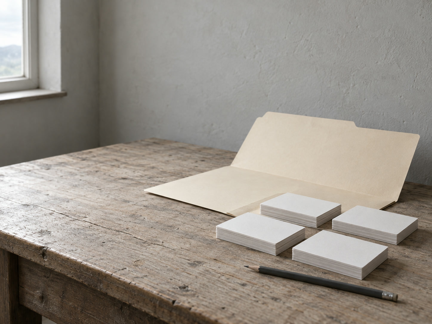 Una carpeta manila lisa abierta sobre un escritorio con tarjetas índice en blanco ordenadas en cuatro pilas pequeñas junto a un lápiz.