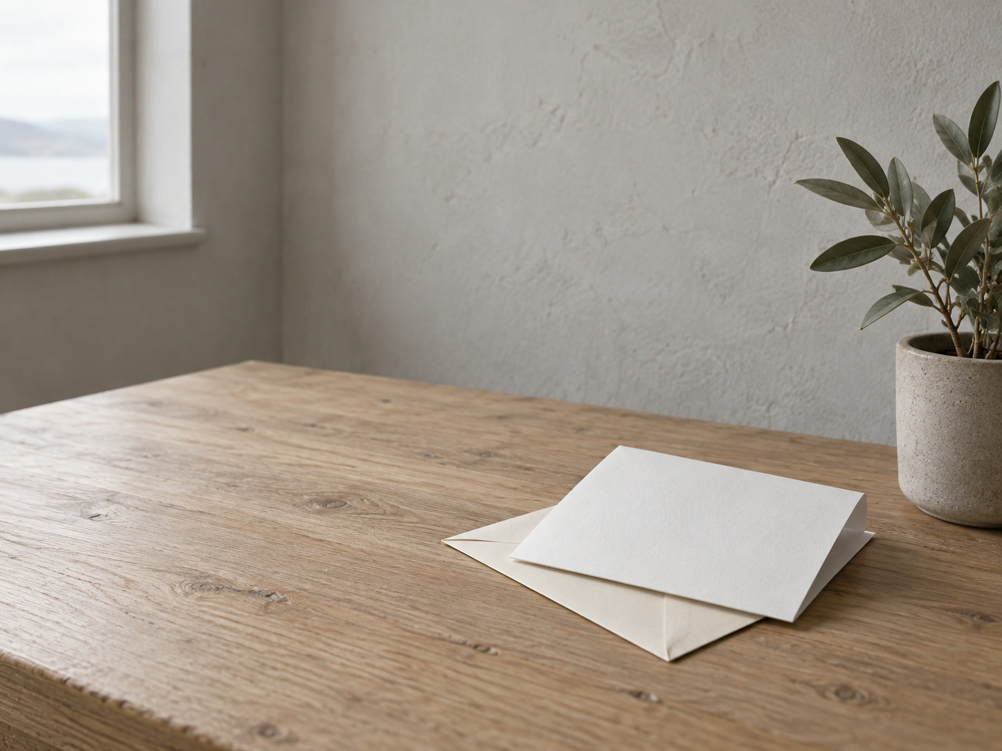 Una sola hoja de papel liso doblada sobre un sobre sin sellar junto a una pequeña planta en maceta sobre una mesa de roble claro.