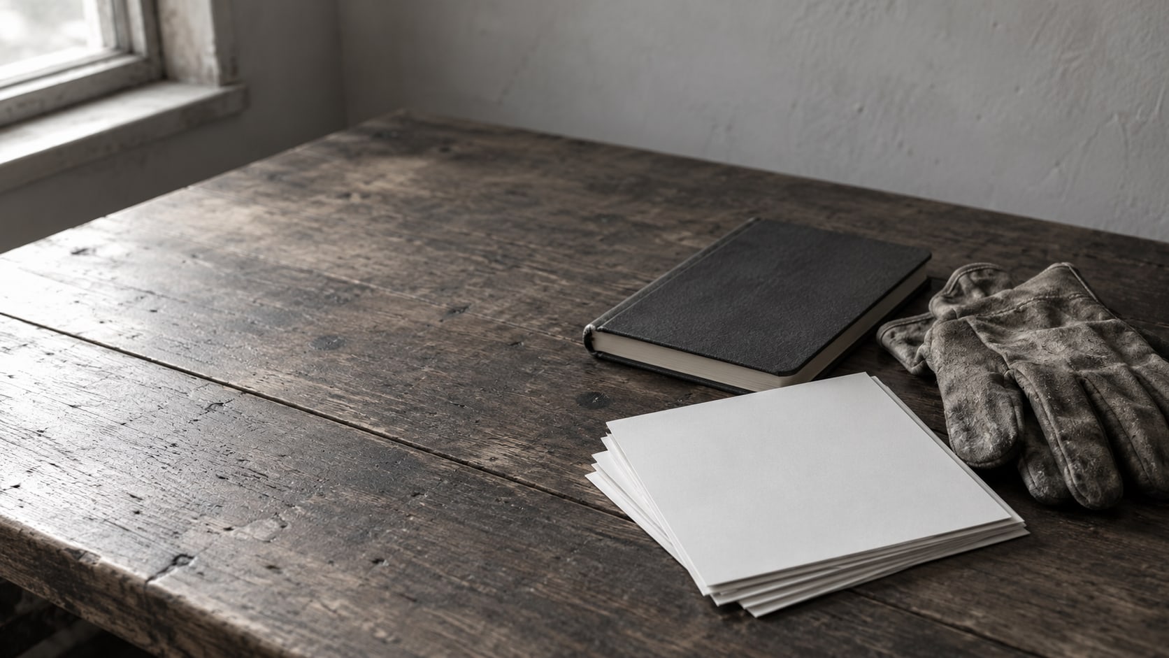 A closed notebook, a pair of work gloves and a stack of blank printed photos arranged on a wooden workbench in soft daylight.