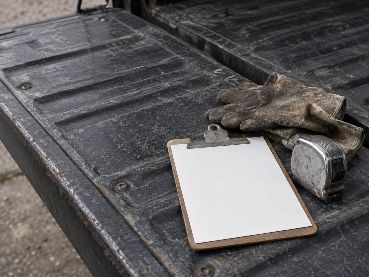 A worn pair of work gloves, a tape measure and a clipboard with blank paper resting on a truck tailgate in daylight.