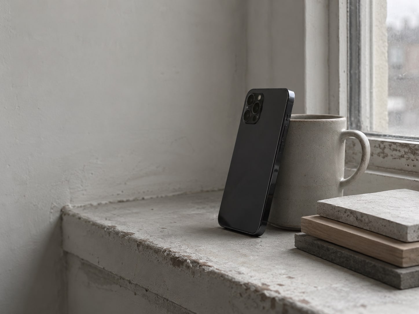 A tripod-free phone propped against a coffee mug on a windowsill beside a stack of finished sample boards in soft daylight.