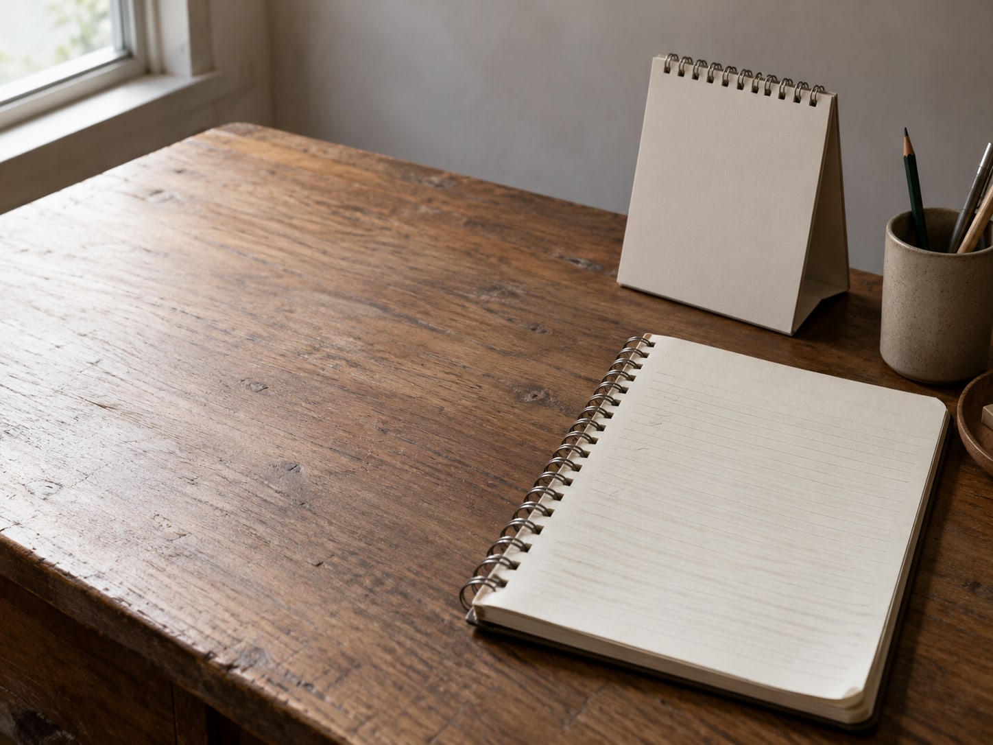 A plain spiral notebook open to a ruled page with faint pencil tick marks, next to a small desk calendar.