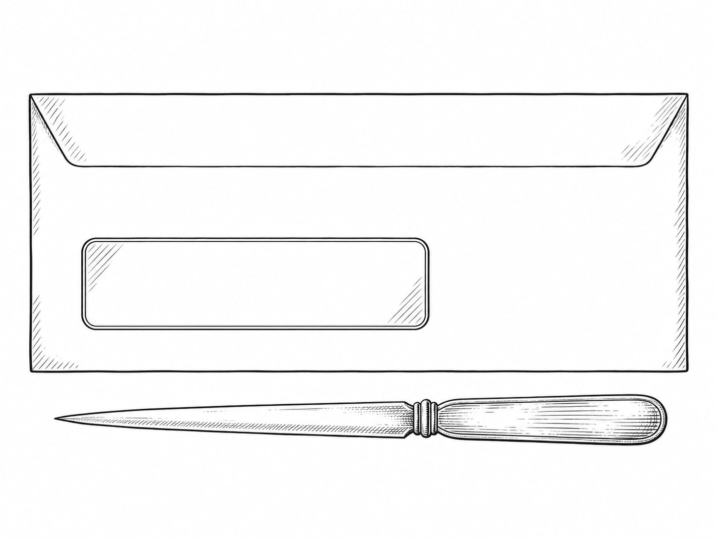 A white envelope with a clear window lying unopened beside a small metal letter opener on a desk.
