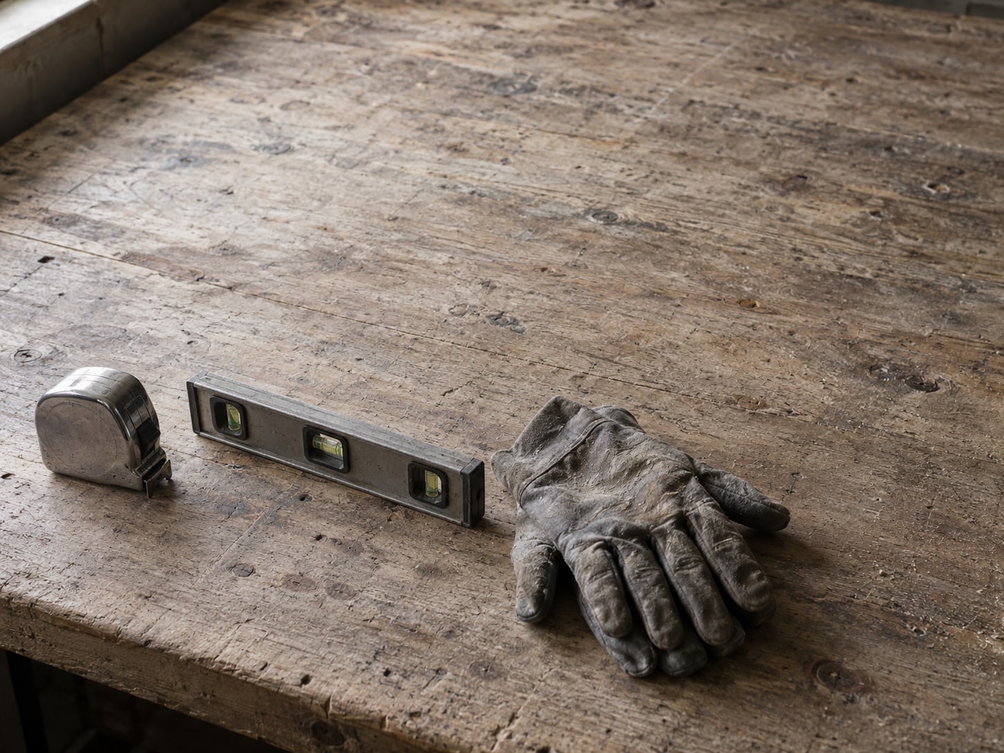 A clean workbench with a tape measure, a level and a pair of work gloves laid out in a row.