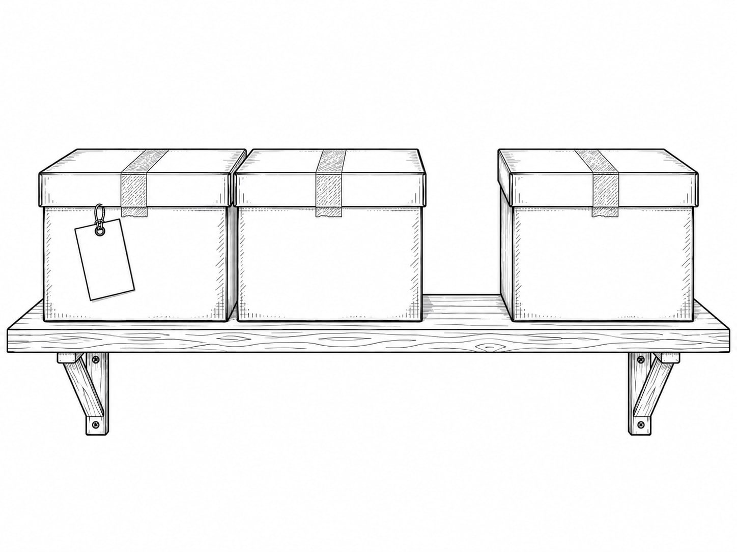 Two small sealed boxes side by side on a wooden shelf, one labeled only by a plain blank tag, with a third box set slightly apart.