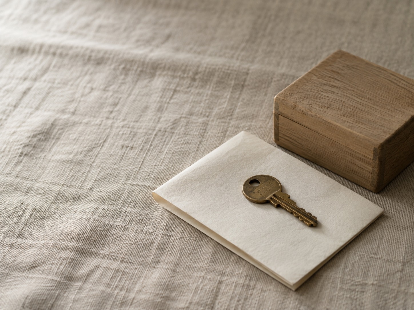 A single brass key resting on a folded blank sheet of paper beside a small closed wooden box on a linen tablecloth.