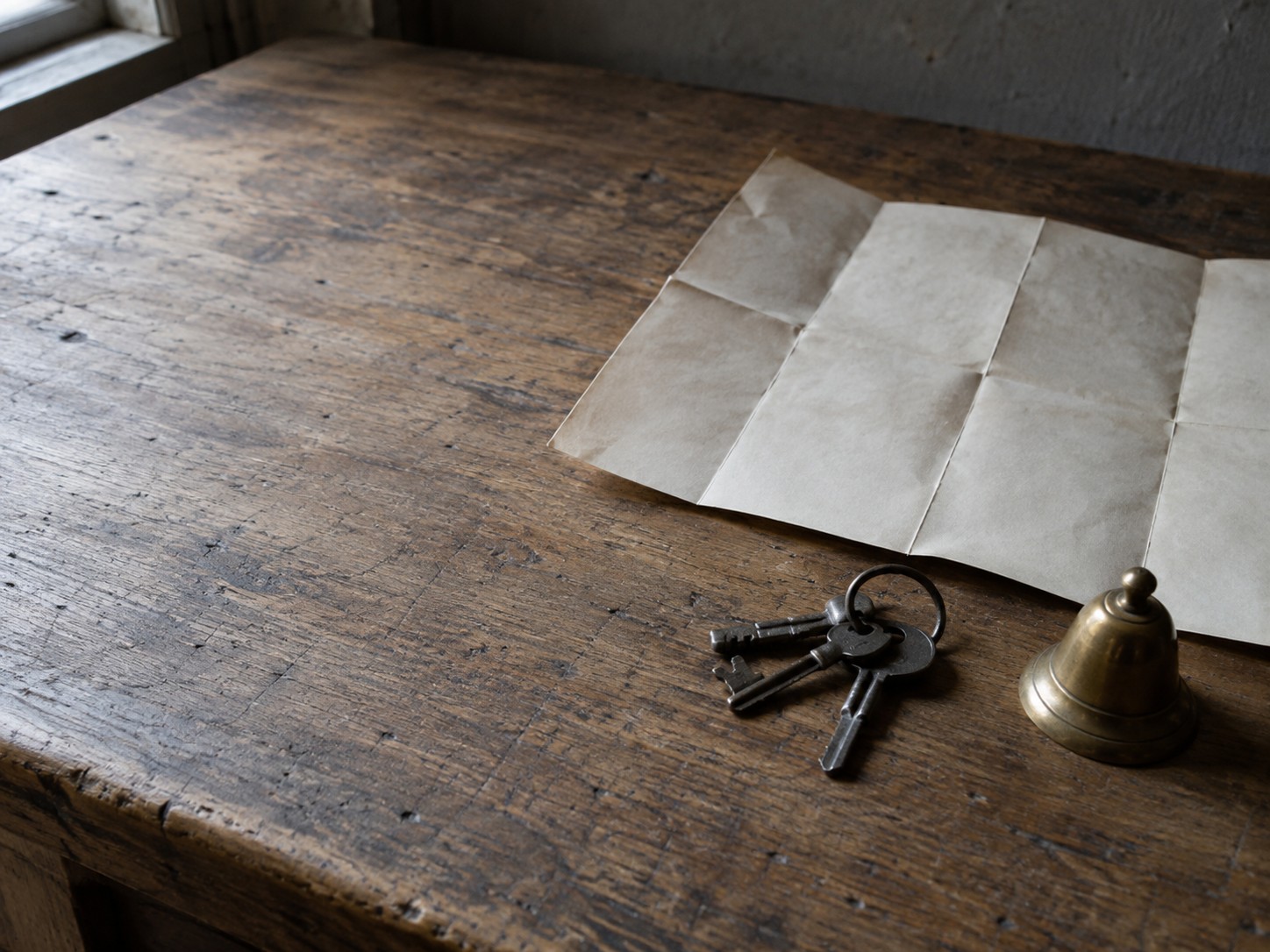 A folded paper map, a set of shop keys and a small brass bell resting on a worn wooden counter.
