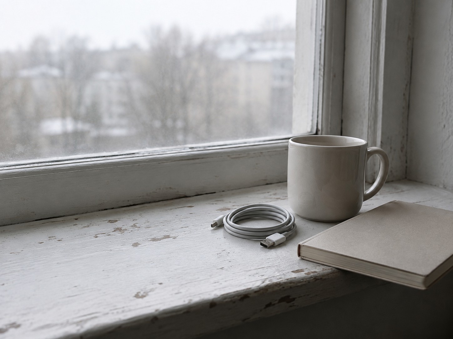 A plain ceramic mug, a coiled phone charger and a closed paper notebook on a windowsill in soft morning light.