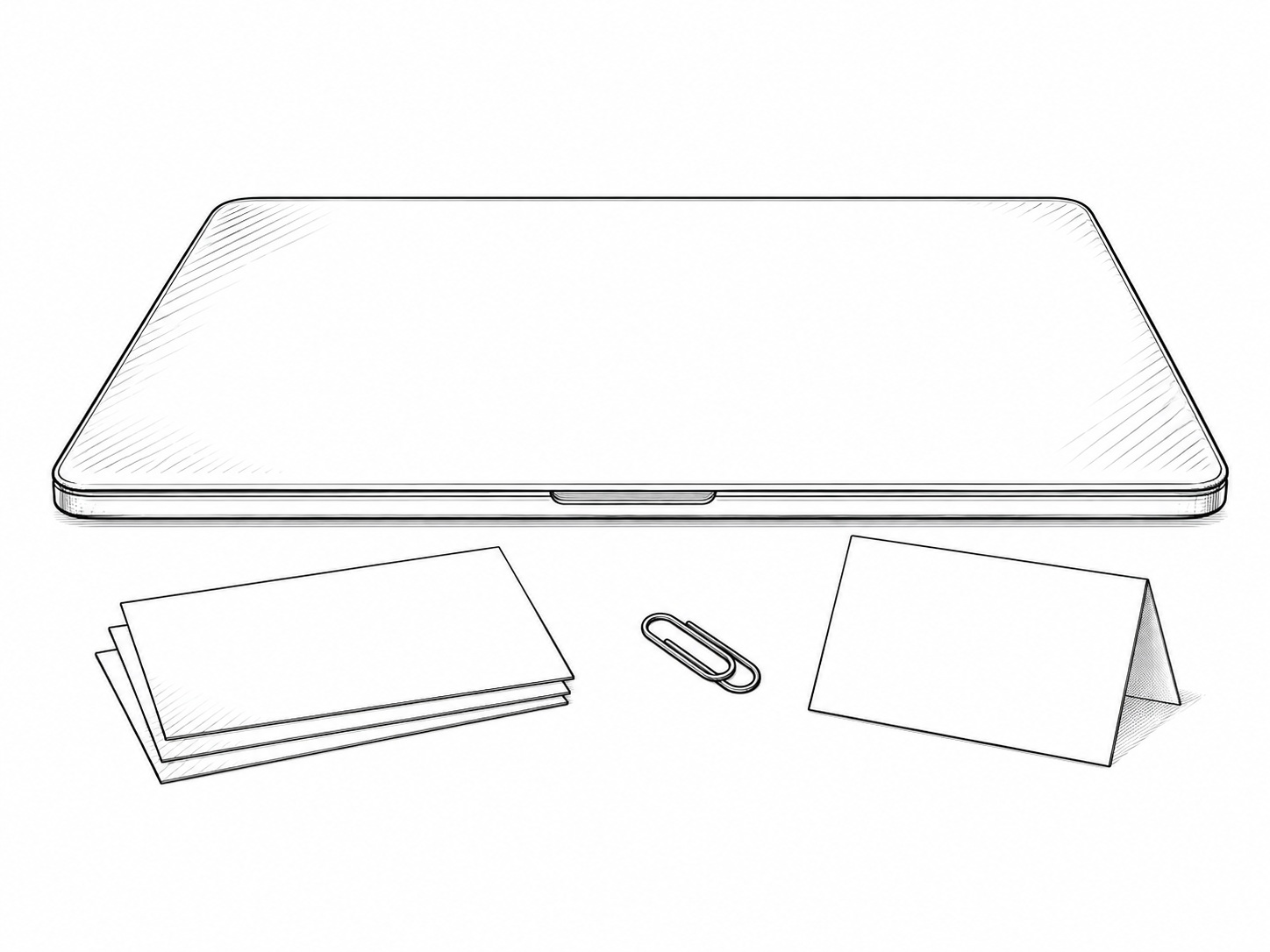 A small stack of blank index cards, a paper clip and a folded business card on a clean desk beside a closed laptop.