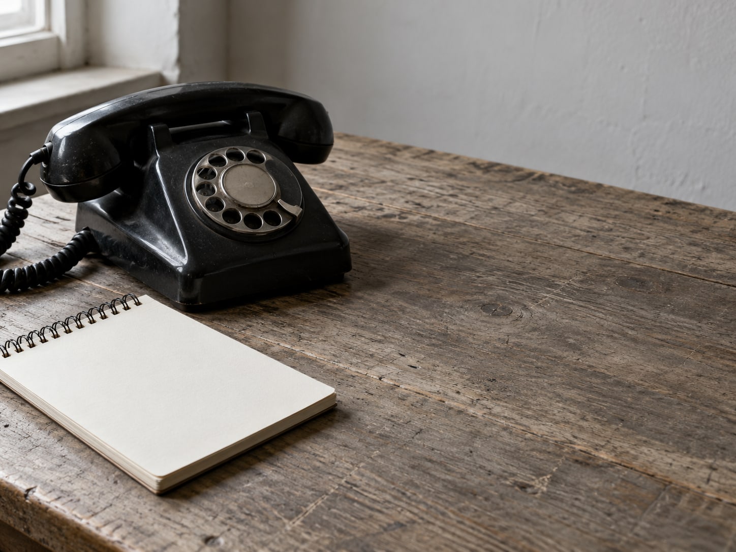 Un teléfono de escritorio negro con el auricular apoyado en la base, junto a una libreta espiral en blanco.