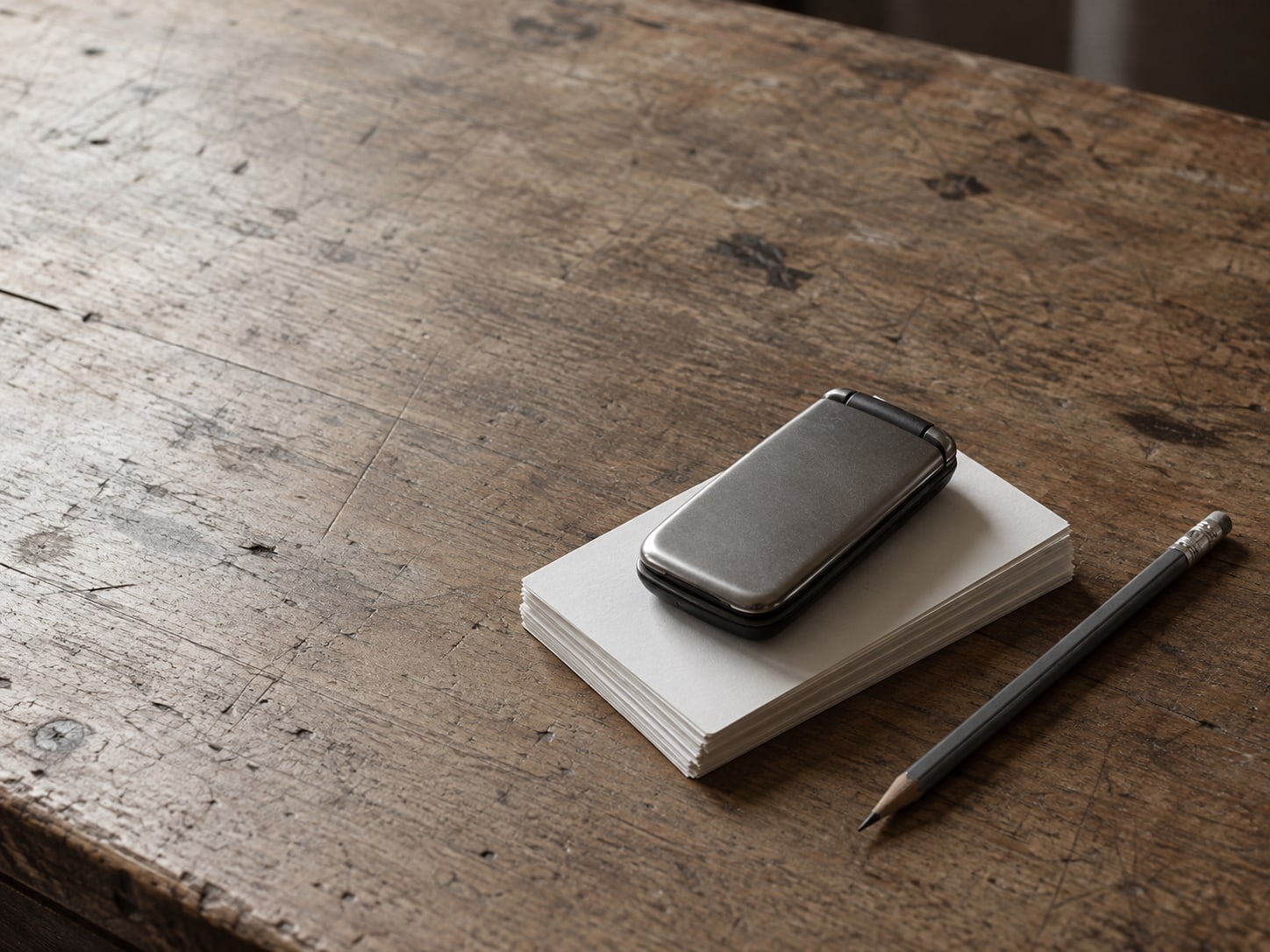 A closed flip phone resting on a stack of blank index cards beside a pencil on a wooden counter.
