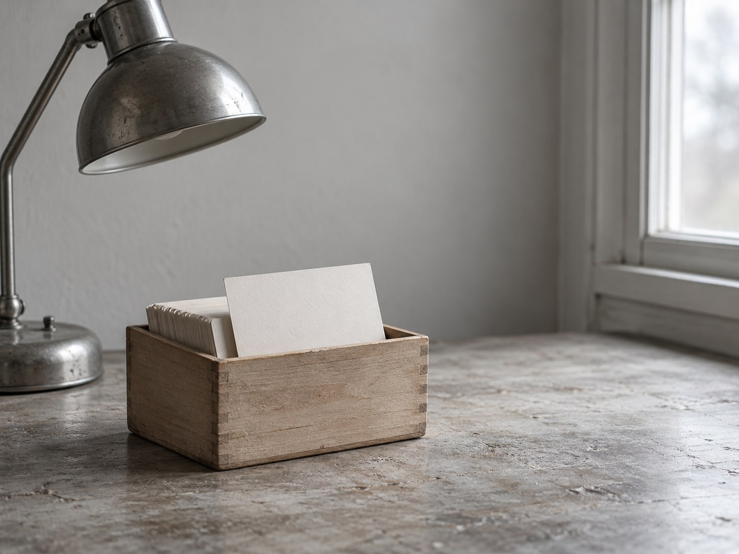 A small wooden recipe box of blank cards with one card pulled halfway out, under a desk lamp.